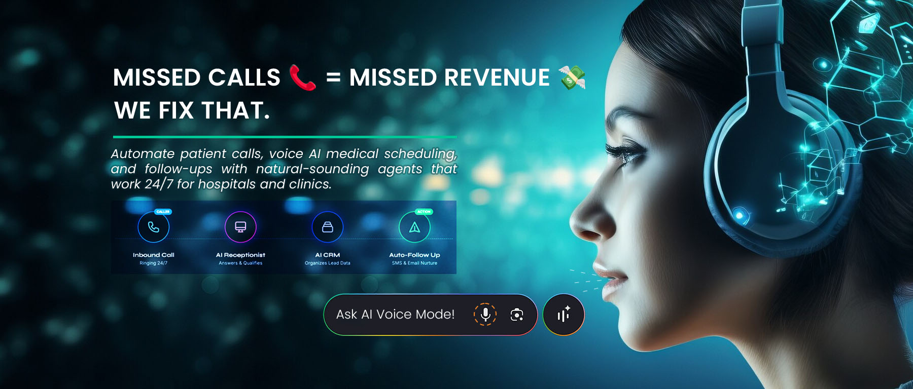 Missed calls = missed revenue. We fix that. Automate patient calls, voice AI medical scheduling, and follow-ups with natural-sounding agents that work 24/7 for hospitals and clinics. Inbound calls, AI receptionist, AI CRM, and automatic follow-up.
